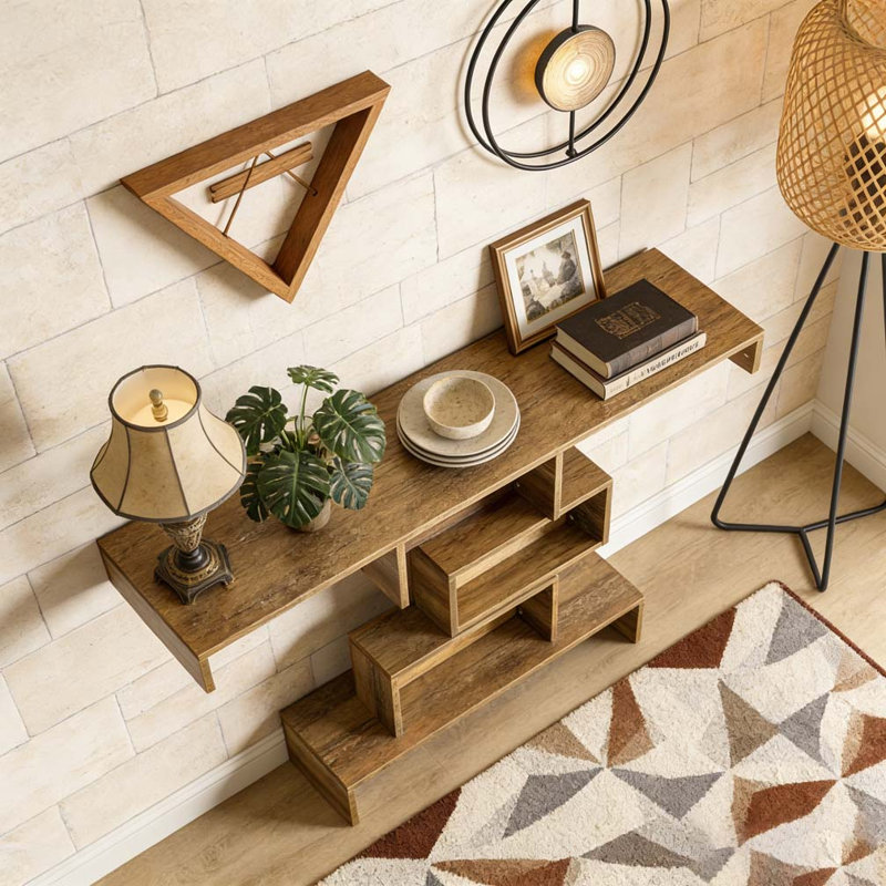 Wood Sofa Table Accent Table with Geometric Base, Light Brown