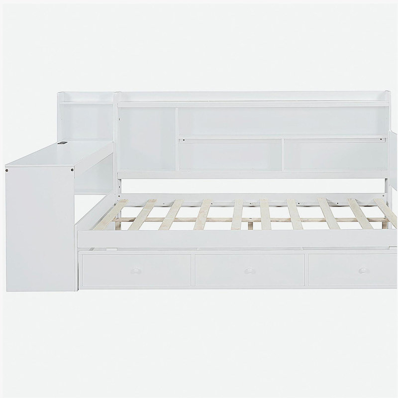 Canapé-lit en bois avec 3 tiroirs, ports USB et bureau, Complet/Double, Blanc
