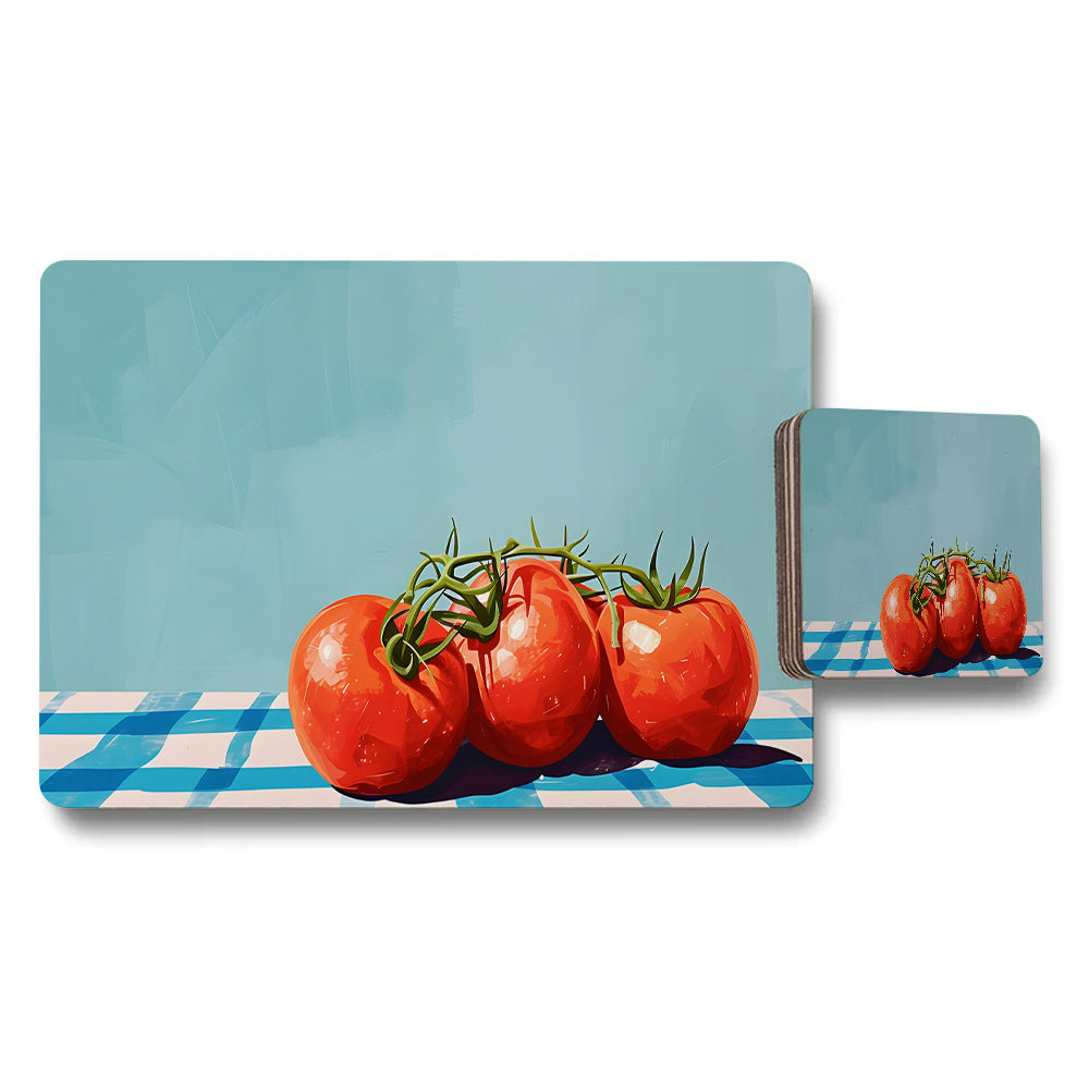 Tomato Themed Placemat And Coaster Set With Blue Checkered Pattern