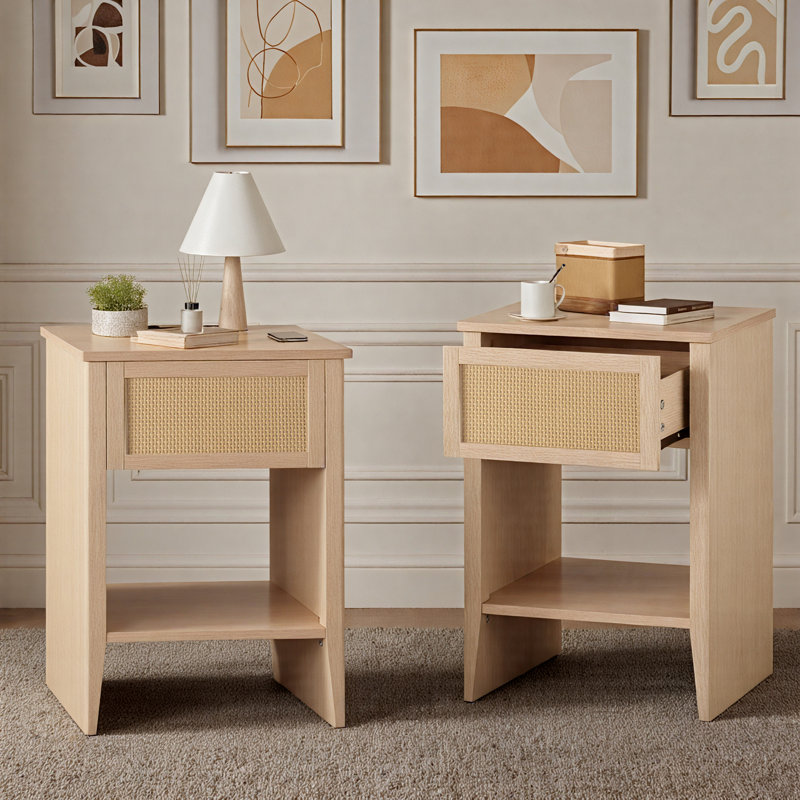 Rattan Drawer Nightstand End Table Set of 2  with Built-in Charging Station and LED light for Bedroom Living Room 