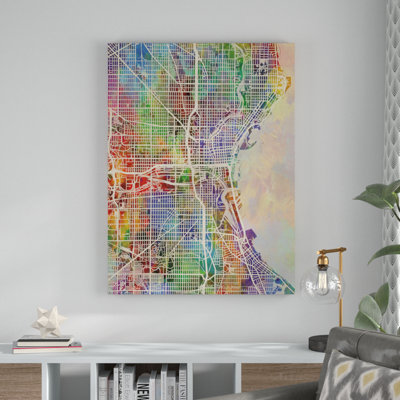 'Milwaukee Wisconsin City Watercolor Map' Graphic Art on Wrapped Canvas