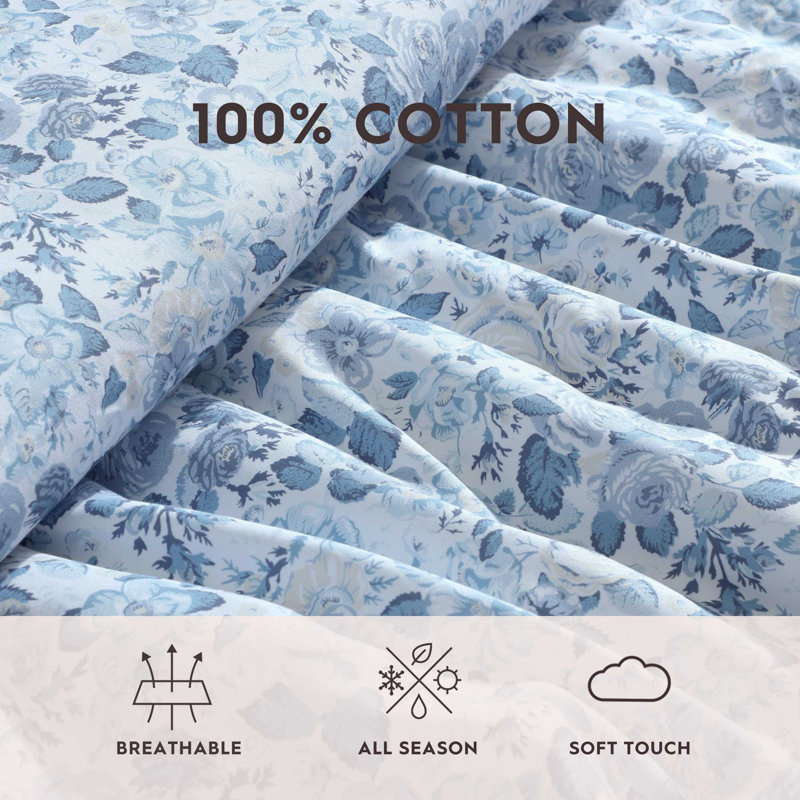 Twin Blue Cotton Reversible Floral Bedding Set