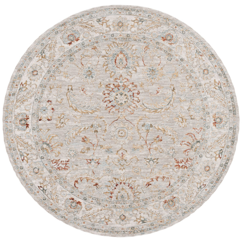 Tapis oriental gris en polyester fabriqué à la machine Xanthi, Rond 6 pi 7 po