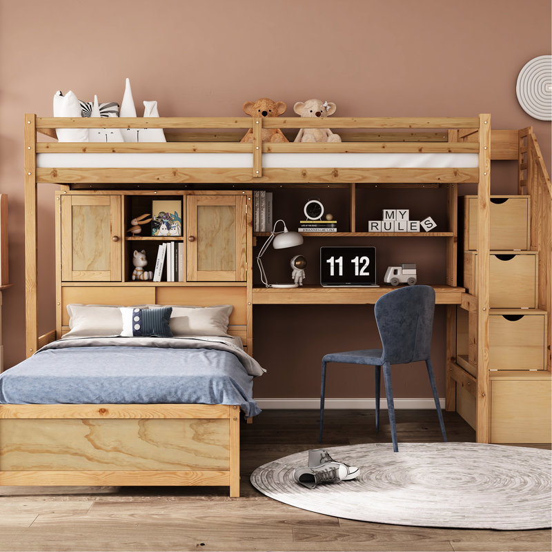 Natural Twin Over Loft Bed With Storage And & Pine Construction Built-In Desk Strong Structure, Natural