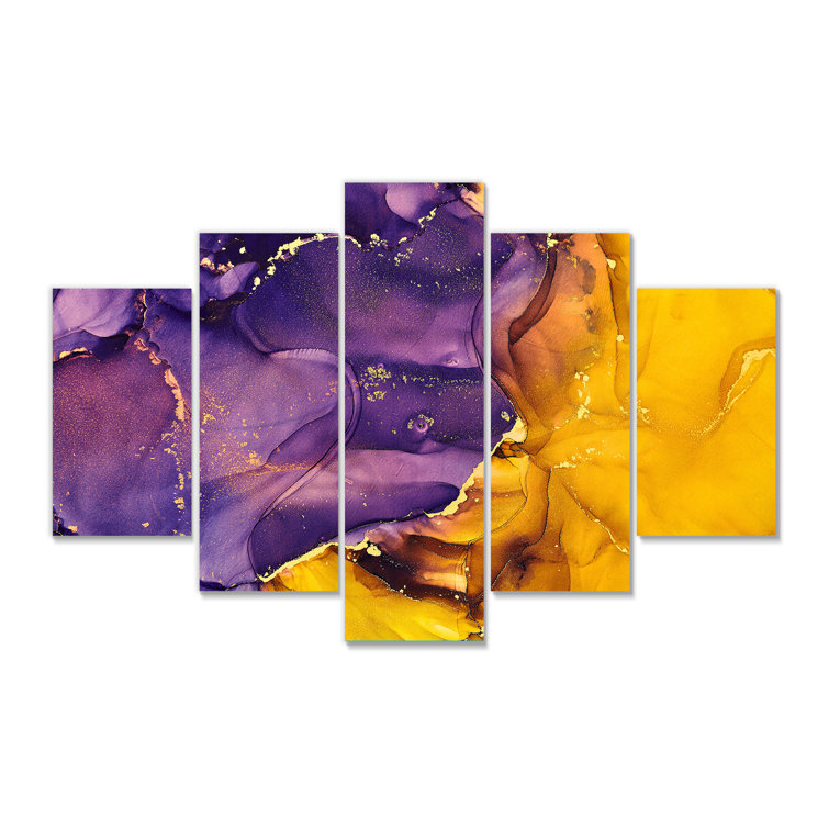 Purple and Gold Luxury Abstract Fluid Art - 5 Piece Wrapped Canvas Painting Design Art