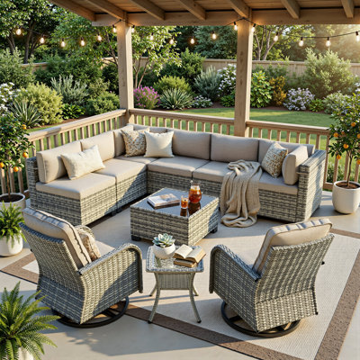 10-Piece Outdoor Wicker Sectional Seating Group With Swivel Rocking Chairs, Coffee Table & Side Table, All-Weather Patio Conversation Set