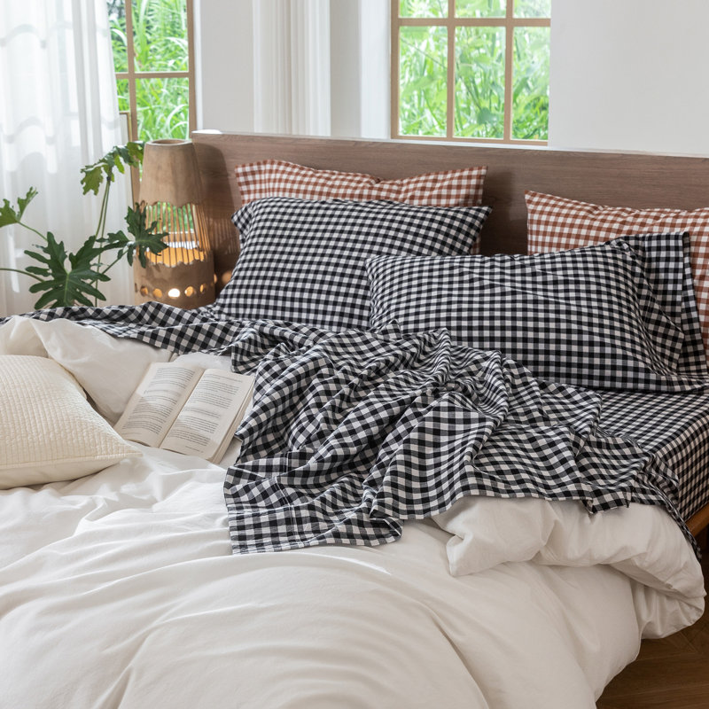 Ensemble de draps 100% coton lavé MooMee, Ensemble de draps pour très grand lit avec 2 taie, Noir / blanc