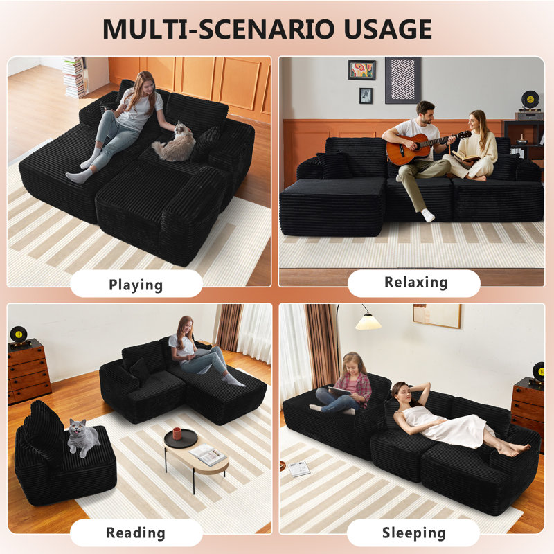 Boneless 106" Oversized Modular Sectional Sofa, with Convertible L-Shape Couch, Left Hand Facing, Black