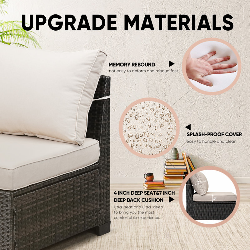 Matusow - Person Patio Conversation Set with Cushions, Beige, 5 Pcs: Table, 3 Sofas, Ottoman