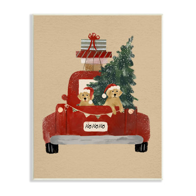 Chiens portant des chapeaux de fête, arbre de Noël, camion noir, estampe numérique, art texturé par Laura Konyndyk