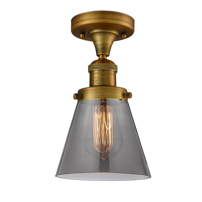 Plafonnier semi-encastré 1 lumière Cone, Ampoule à DEL rétro de 6 watts, Fumé, Laiton brossé