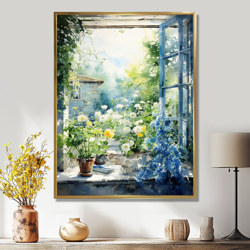 Vert et bleu campagne fenêtre charme II - ferme fenêtres, art mural sur toile, Cadre flottant doré, 44" H x 34" W