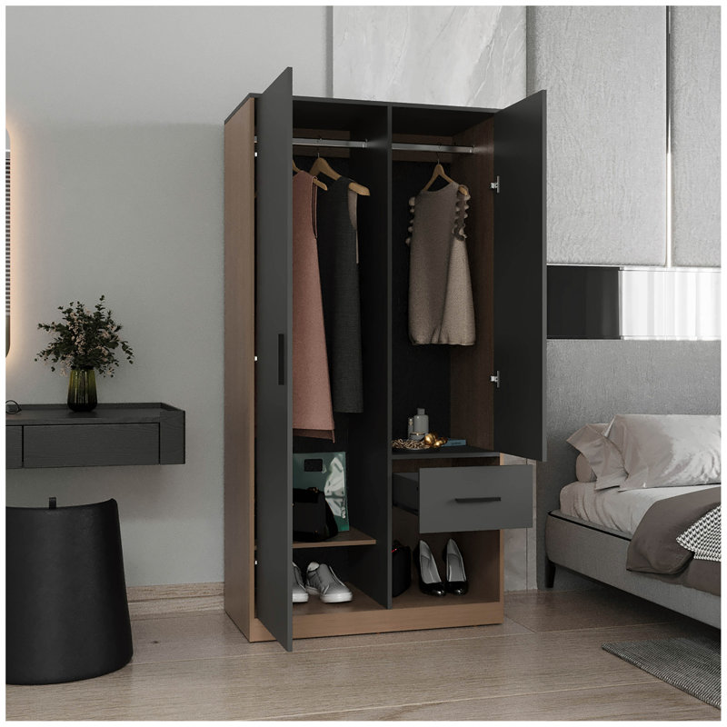 Amoire 2 tiroirs Alder avec 2 armoires, 2 tringles et 4 tablettes