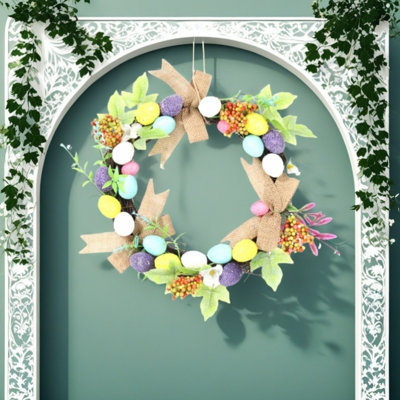 Couronne de Pâques 11,8 pouces avec œufs de Pâques et nœud décoratif, couronne de porte d'entrée pour Pâques