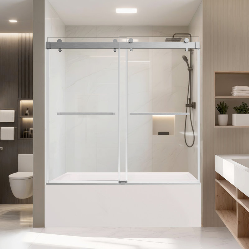 60"W x 60"H Sliding Shower Door, 3/8”(10mm) Tempered Glass, Stainless Steel Track, Smooth Glide with Buffer, Adjustable 4” Range, Left/Right Installation