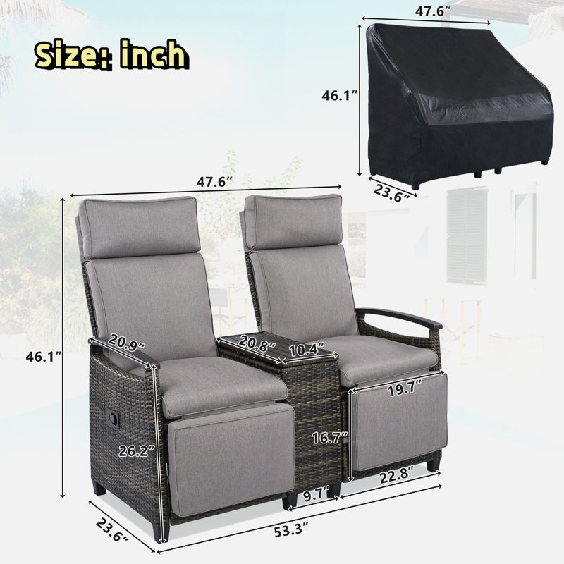 Patio Wicker Outdoor Lounge Chair Set With Adjustable Backrests And Built-in Storage Table, Brown
