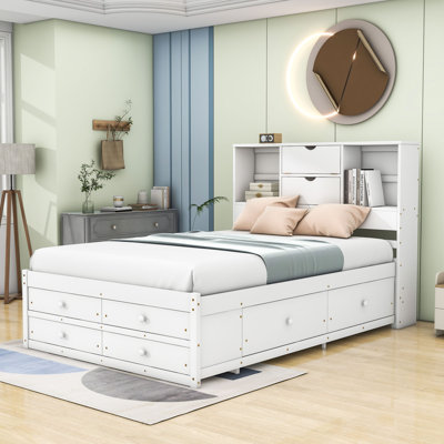 Queen Platform Bed with Storage Headboard,Built-in Storage Shelf and Drawers