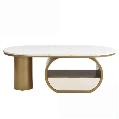 Table basse moderne ovale avec pieds dorés pour le salon, rangement peu encombrant et amp; Assemblage facile
