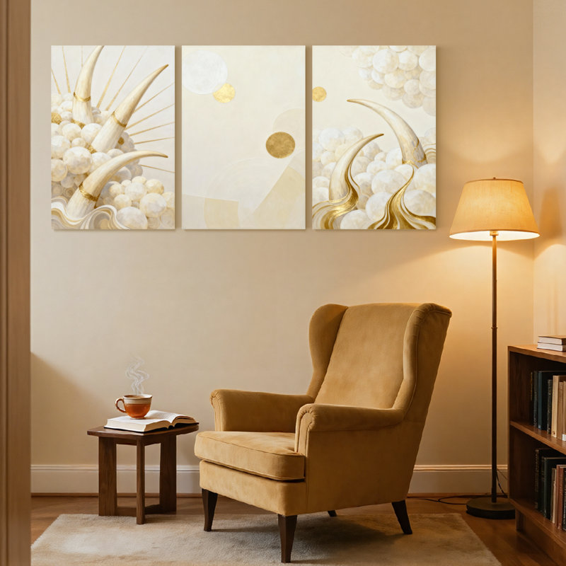 Abstrait cornes et perles, ensemble de 3 reproductions d'art sur toile, H 18 po x l 36 po