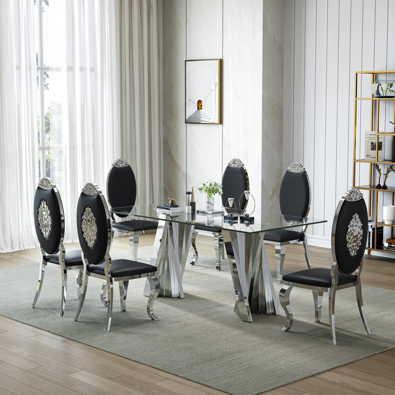 Mid-Century 70" Glass Dining Table Set Of 7, Luxurious Irregular Stainless Steel Legs And Curved Legs Oval High Back Chairs For Kitchen, Living Room, Home Office