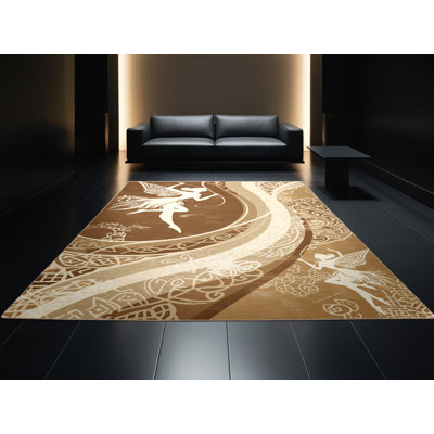 Machine Washable Pittman Faeries Bohemian Abstract Rug in Brown – Beige Binding