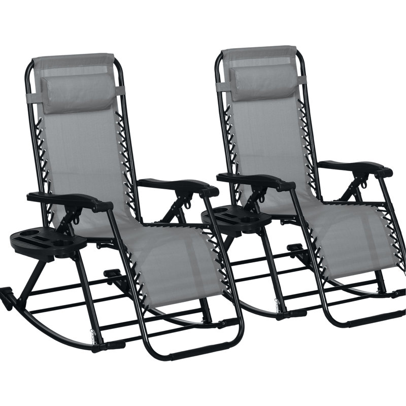 Paire de chaises berçantes d'extérieur, pliable, zéro gravité, inclinable avec coussin, porte-gobelet et téléphone, gris. Rouille - acier, chaises confortables de 2 pièces, plateau berçant, structure en acier, tissu respirant. Rapide