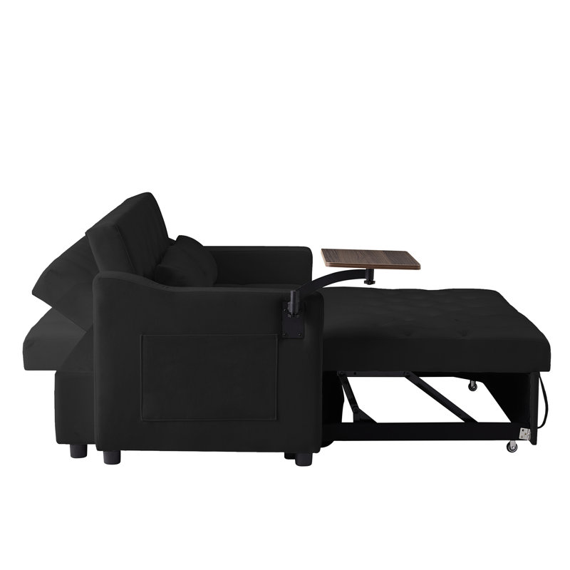 Lit en velours noir avec table d'appoint rotative, conception moderne, se convertit rapidement, 3 positions réglables pour une détente personnalisée, pieds en tissu et en plastique, lit simple à assembler, table,
