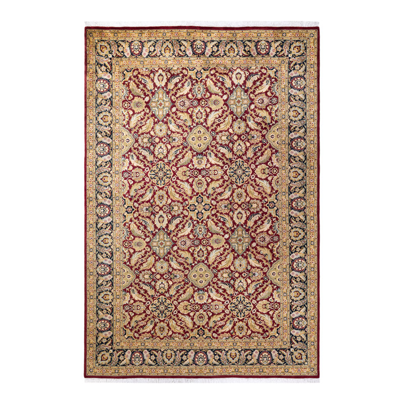 Tapis rouge en laine noué à la main de conception unique 6 pi 1 po x 9 pi 3 po Hayner