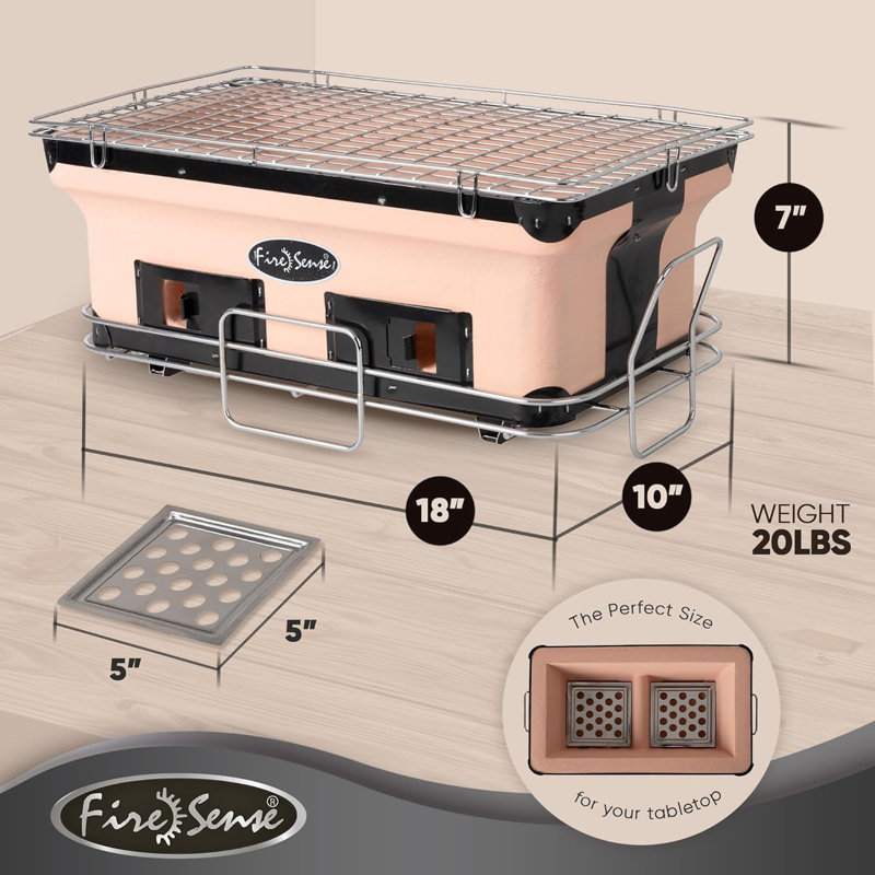 Fire Sense Yakatori Internal Grates Charcoal Chrome Cooking Grill Japanese Table - Large - Tan