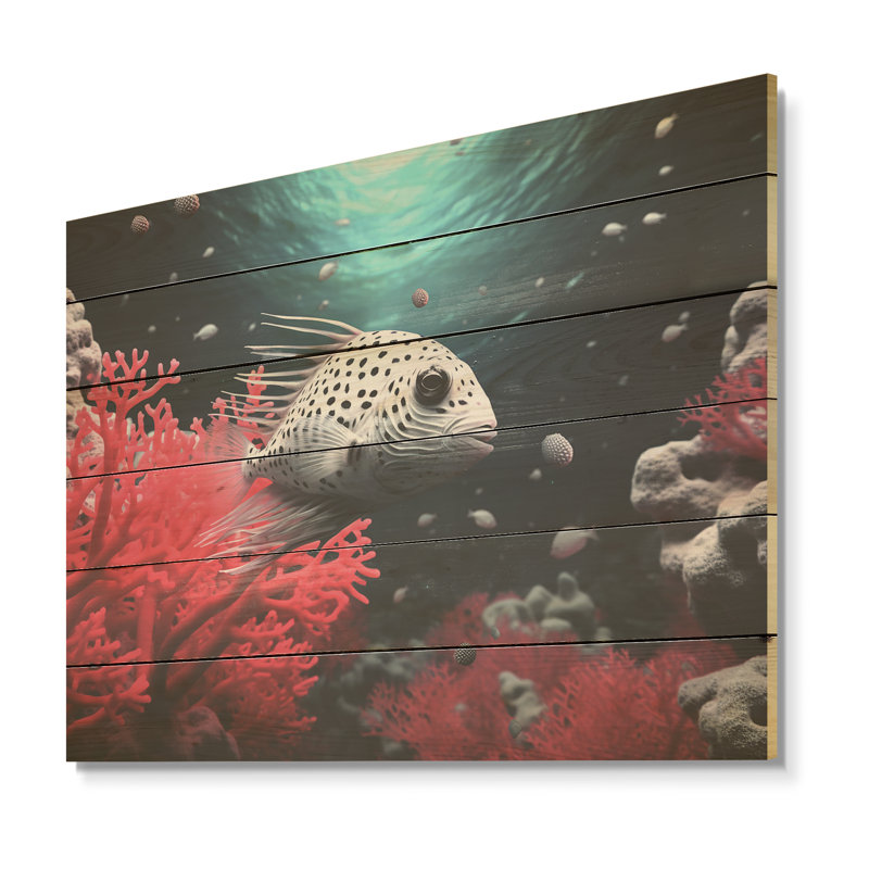 «The Graceful Pufferfish - Coastal Coral Under Water Wood», art mural sur bois de pin naturel, H 30 po x l 40 po