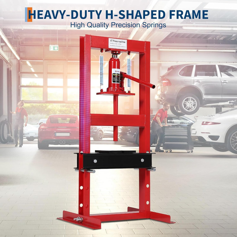 Presse d'atelier hydraulique robuste à structure en H - Comptoir à hauteur réglable - Compatible pneumatique - Comprend 2 plaques à estamper - pour l'installation dans un garage, un atelier, un roulement et un joint en U