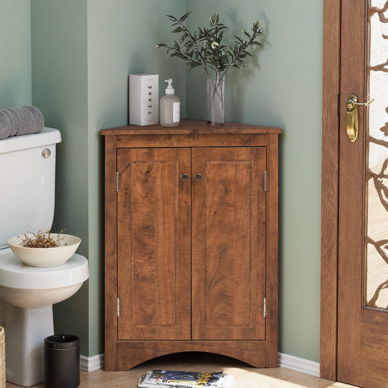 Armoire de rangement de coin triangulaire avec tablettes réglables | Armoire de plancher autoportante peu encombrante pour la salle de bain, la cuisine et le salon, fabrication en panneau de fibres à densité moyenne