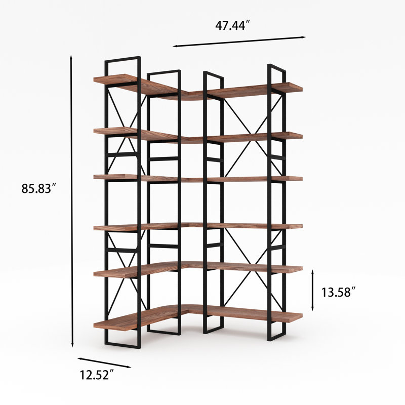 Bibliothèque d'angle industrielle en forme de L, 85,83 po H x 47,44 po L, grande tablette à 6 niveaux avec cadre en métal et entretoise en X