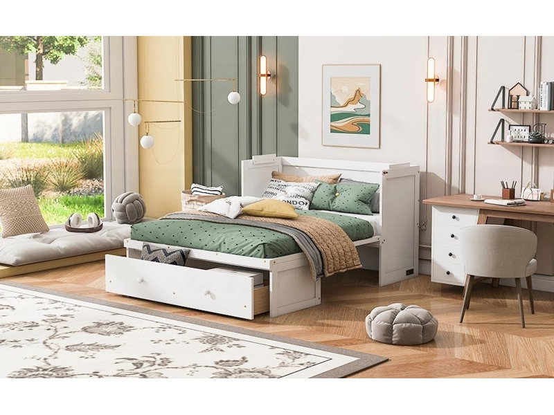 Lit escamotable double avec port USB et grand tiroir - aucun sommier nécessaire, robuste pour une utilisation prolongée (L 79,9 po x l 56,1 po x H 35,5 po comme lit, L 56 po x l 21,6 po x H 48,8 po comme armoire)