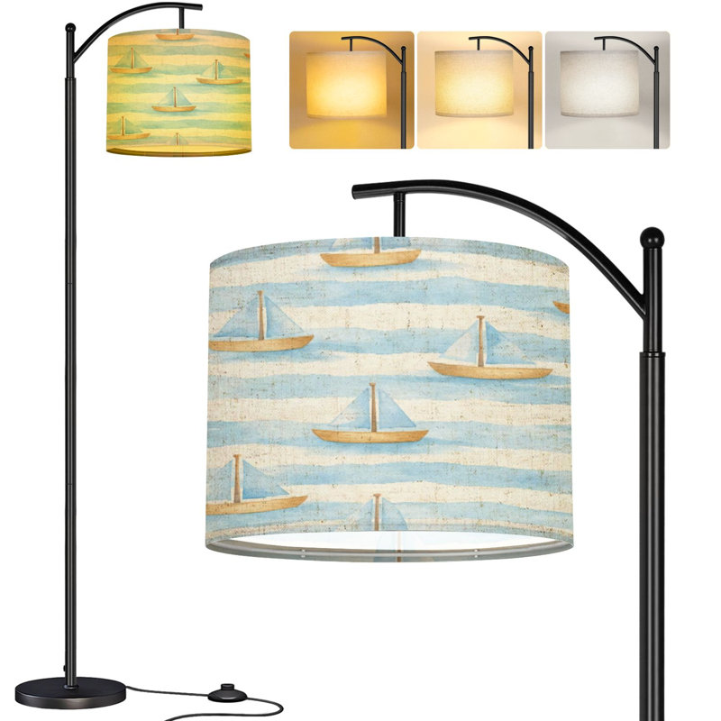  Arc Floor Lamp Watercolor Sailboat Soft Blue Waves Tall Modern Standing Lamp LED Adjustable Linen Lampshade 3 Color Temperatures