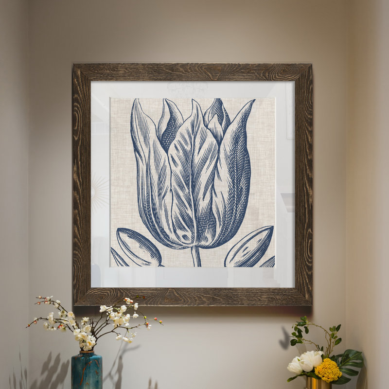 Indigo floral sur lin VI - reproduction encadrée de qualité supérieure - prêt à être accroché - impression encadrée sur papier