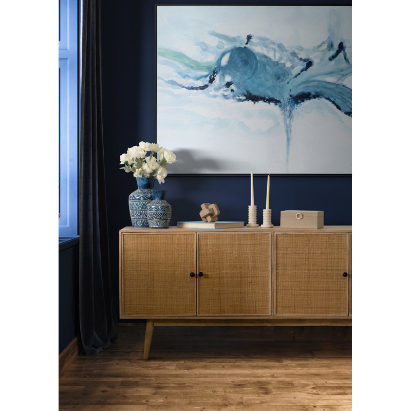 Large Blue and Green Abstract Canvas Painting with Black Frame