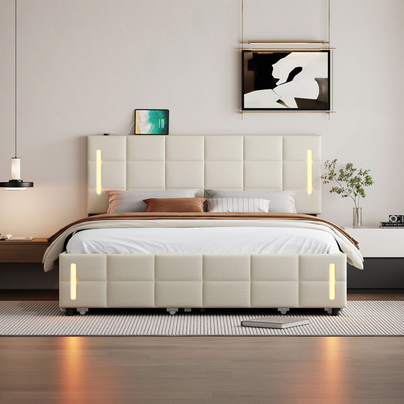 Grand lit plateforme tapissier avec lit gigogne et tiroirs, Beige