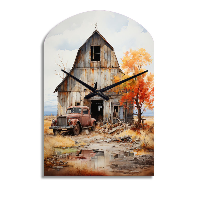 Barns Rustic Charm IX - Barns Asymmetrical Metal Clocks, Grey Arch Metal Wall Clock Print, Medium