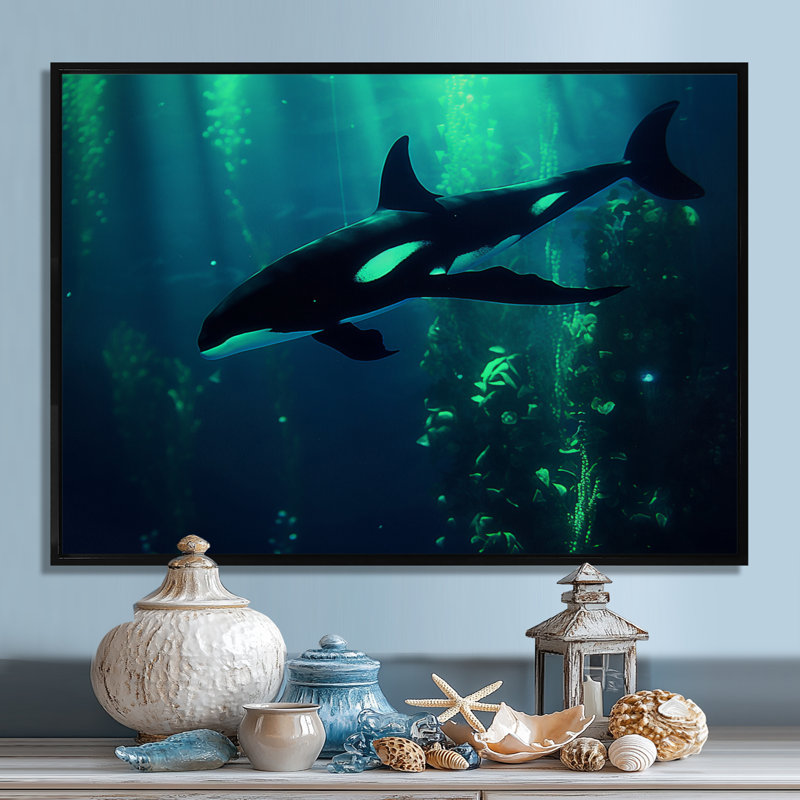 «Deep Ocean Orka God Rays - Coastal Animal», reproduction d'art mural, Toile flottante noire encadrée, H 34 po x l 44 po
