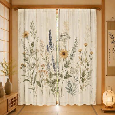 2 pièces de rideaux floraux rustiques, impression botanique de fleurs sauvages à l'aquarelle, tissu filtrant la lumière, fond de grain de bois rétro, conception à passe-tringle, pour salon, chambre, balcon, cuisine, décoration intérieure