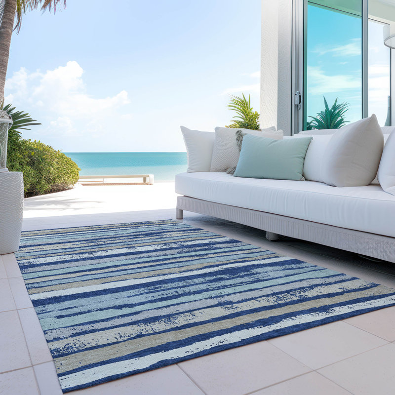 Navy and Beige Striped Synthetic 8' x 10' Washable Rug