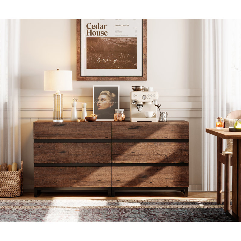 Multifunctional Buffet Sideboards, 2 In 1 Modern Sideboard With 6 Drawers And Metal Base, Storage Cabinet For Kitchen, Coffee Bar Cabinet For Dining Room,Brown