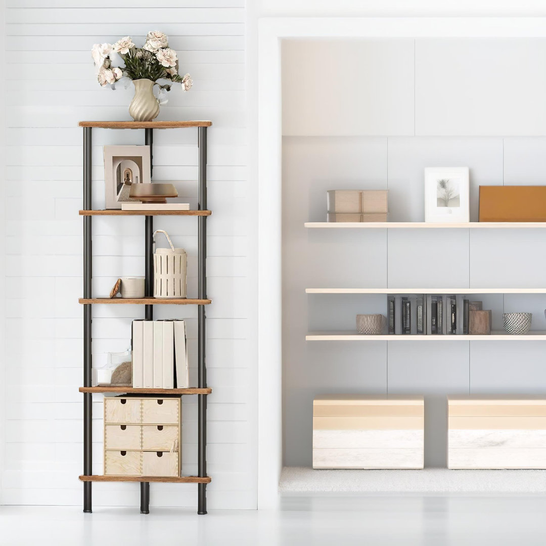 Pendergrast Rustic Wooden 5 Tier Bookcase Corner Bookshelf 115cm Shelving Unit Storage Shelves Freestanding