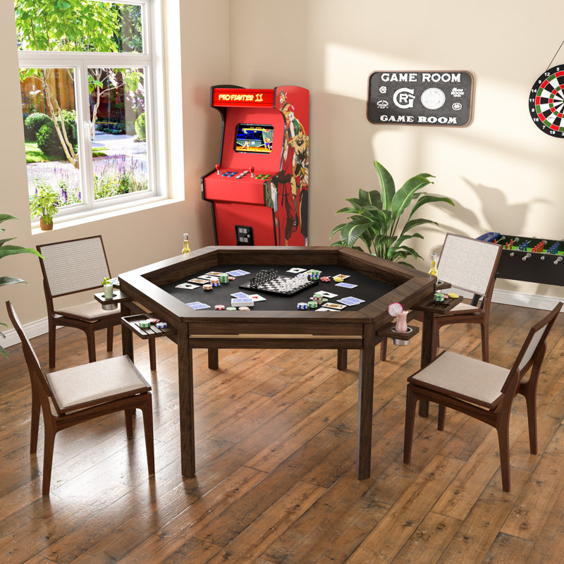 Table de jeu hexagonale en bois massif pour 4 à 6 personnes avec plateau amovible, tapis de jeu, 6 porte-gobelets et plateau pour passe-temps