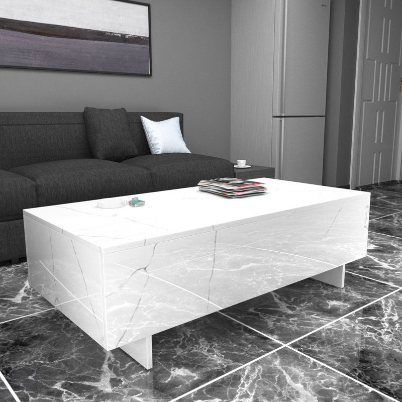 Khiry Sled Marble Rectangle High Gloss Coffee Table Elegant Center Table Side Table, 12.2" H x 42.5" L x 22" W, White