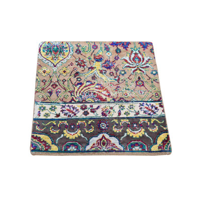 2'x2' Brown Rajasthan Design Hand Knotted Wool and Sari Silk Square Rug 21D1924749A14B2F96D29A7FFB8A70C0