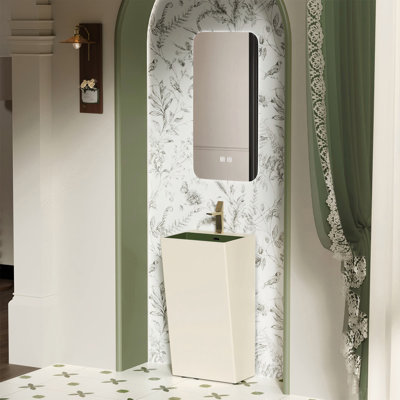 Modern Minimalist Ceramic Pedestal Sink in Beige & Green with Smart Rectangular Mirror