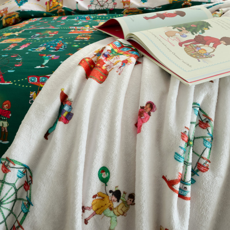 Cosy Fleece Blanket Throw, Cream, Christmas Fairground