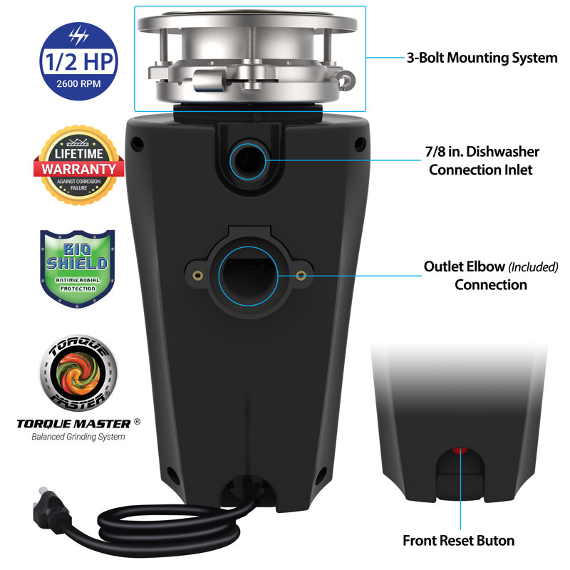 Eco Logic 1/2 HP Black Continuous Feed Garbage Disposal with Cord